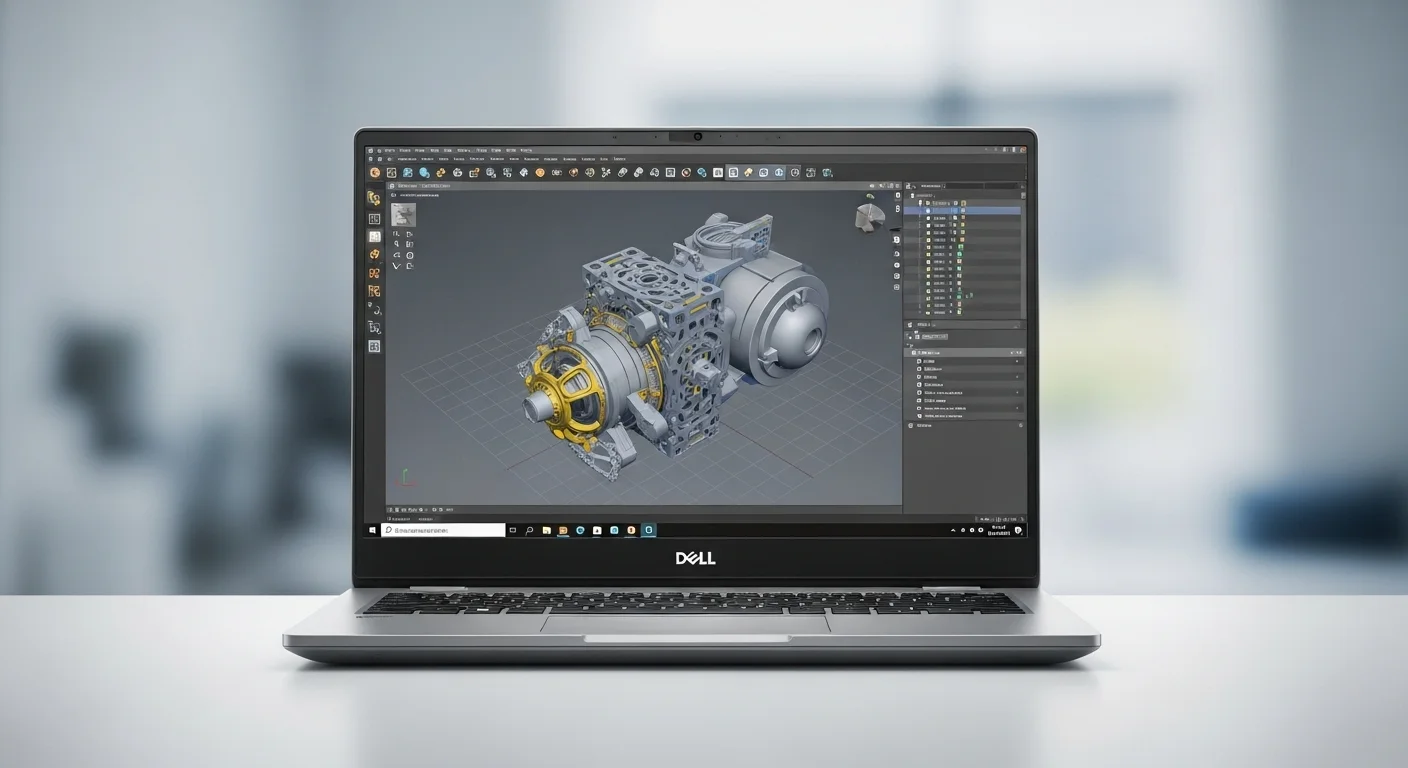 Workstation móvil Dell Precision 3520 mostrando un software de diseño CAD 3D en su pantalla.