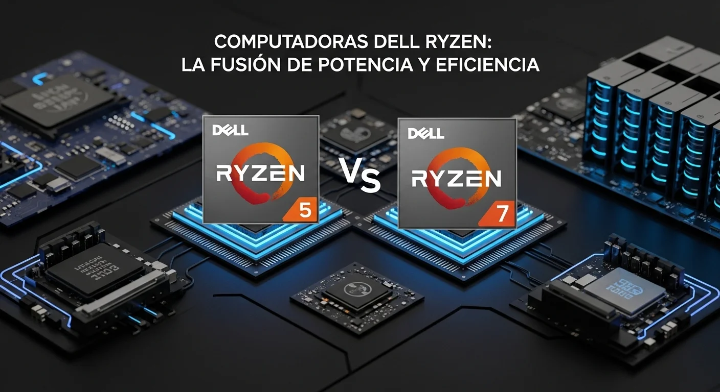 Una imagen conceptual mostrando los logos de los procesadores Dell Ryzen 5 y Dell Ryzen 7, comparando su tecnología para computadoras.