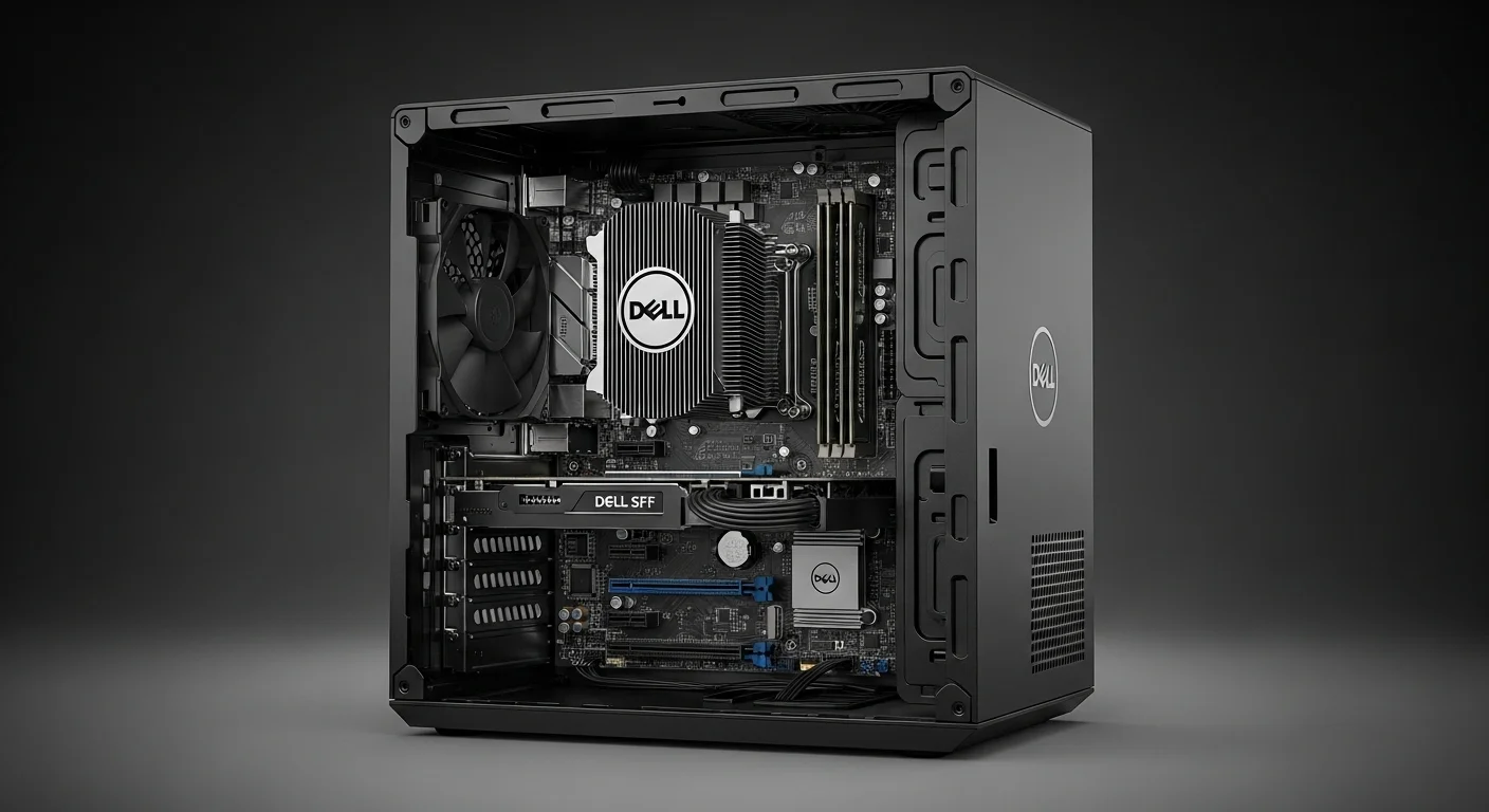 Vista interior de una computadora Dell SFF mostrando los componentes, como la RAM, el procesador bajo el disipador y las ranuras de expansión.