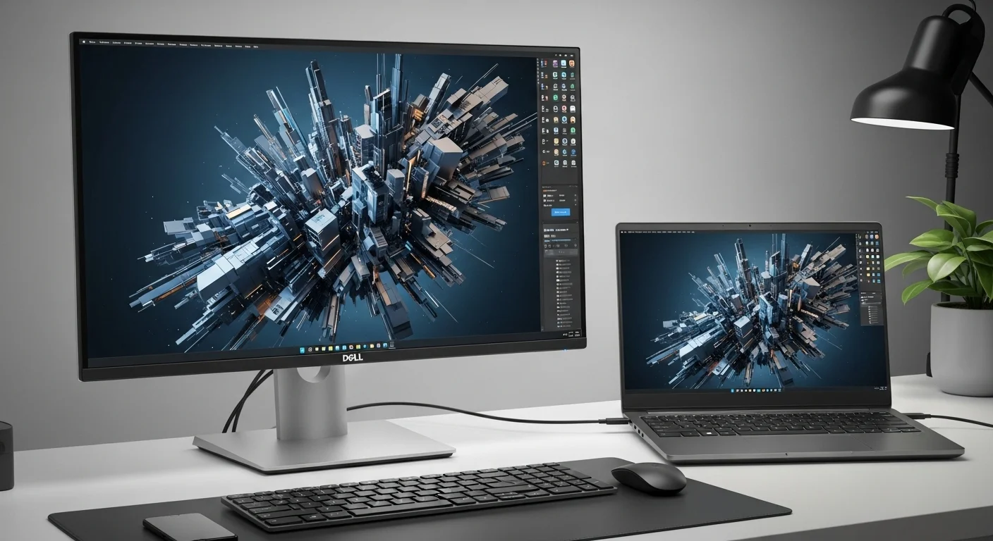 Espacio de trabajo creativo con un monitor Dell Ultrasharp 4K mostrando una imagen de alta resolución, con una laptop conectada via USB-C.