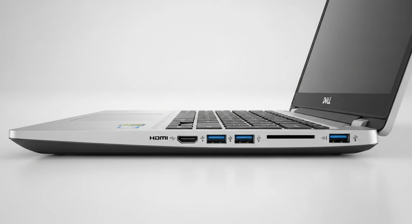 Vista lateral de una computadora Dell Vostro 3501 que muestra sus diversos puertos, incluyendo HDMI, USB y lector de tarjetas.