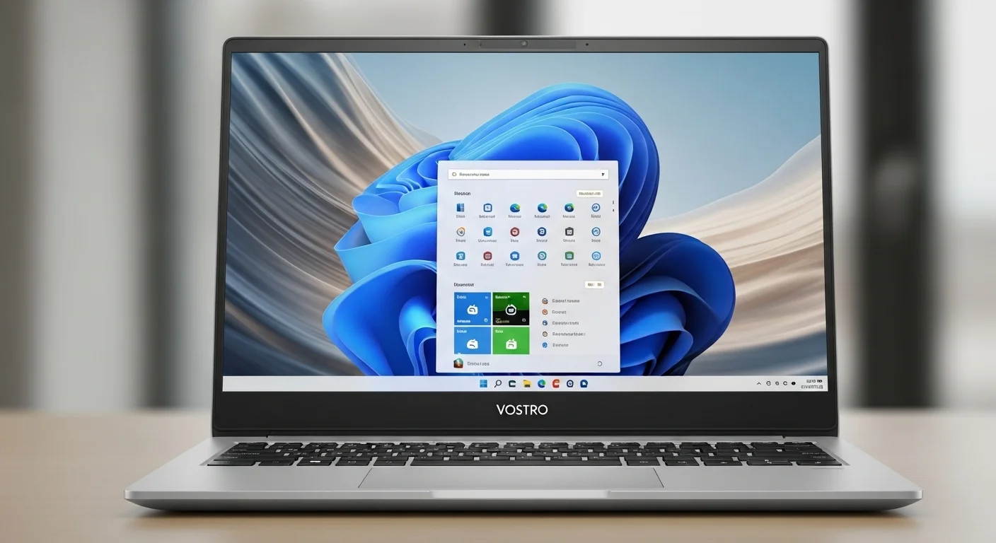 Laptop Dell Vostro 5310 abierta, destacando su pantalla con biseles delgados y su chasis de aluminio estilizado.