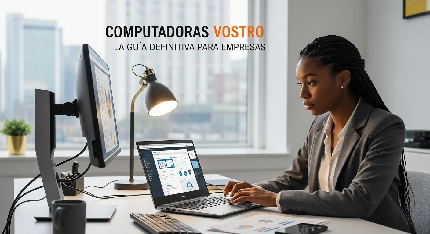 Una persona trabajando en una laptop Dell Vostro 5410 conectada a un monitor externo y otros accesorios en un entorno de oficina.