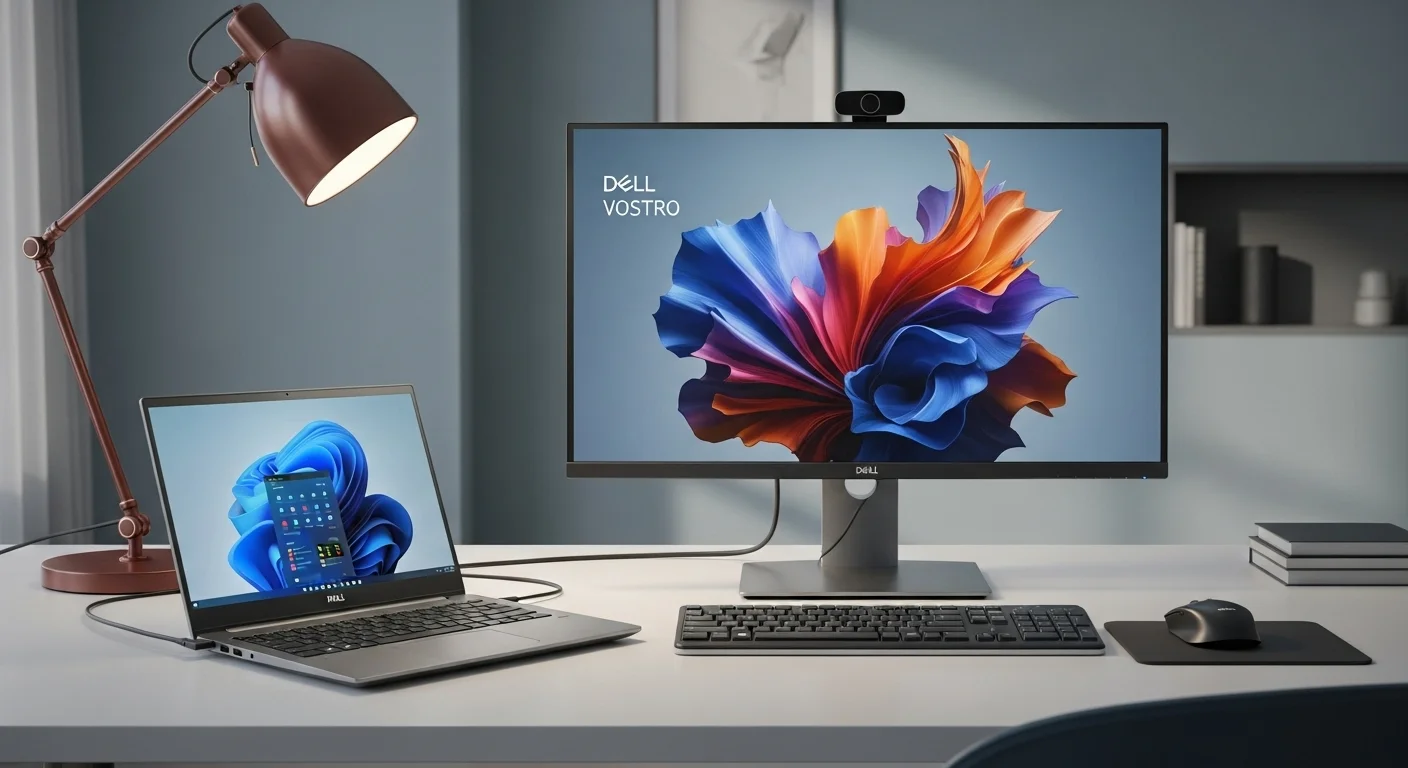 Una computadora Dell Vostro 5502 en un entorno de oficina, conectada a un monitor externo y otros periféricos de tecnología.