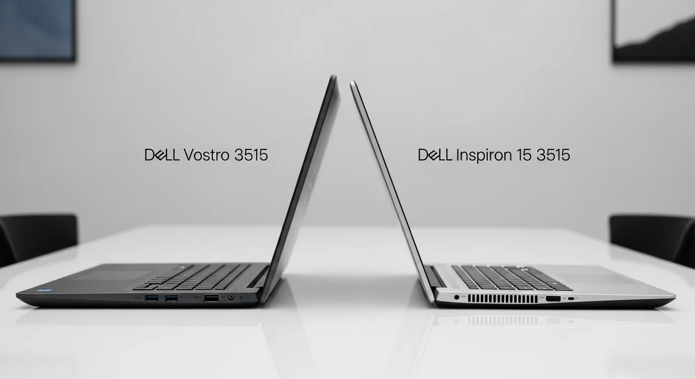 Comparativa lado a lado de las computadoras Dell Vostro 3515 y Dell Inspiron 15 3515 mostrando sus puertos y diseño.