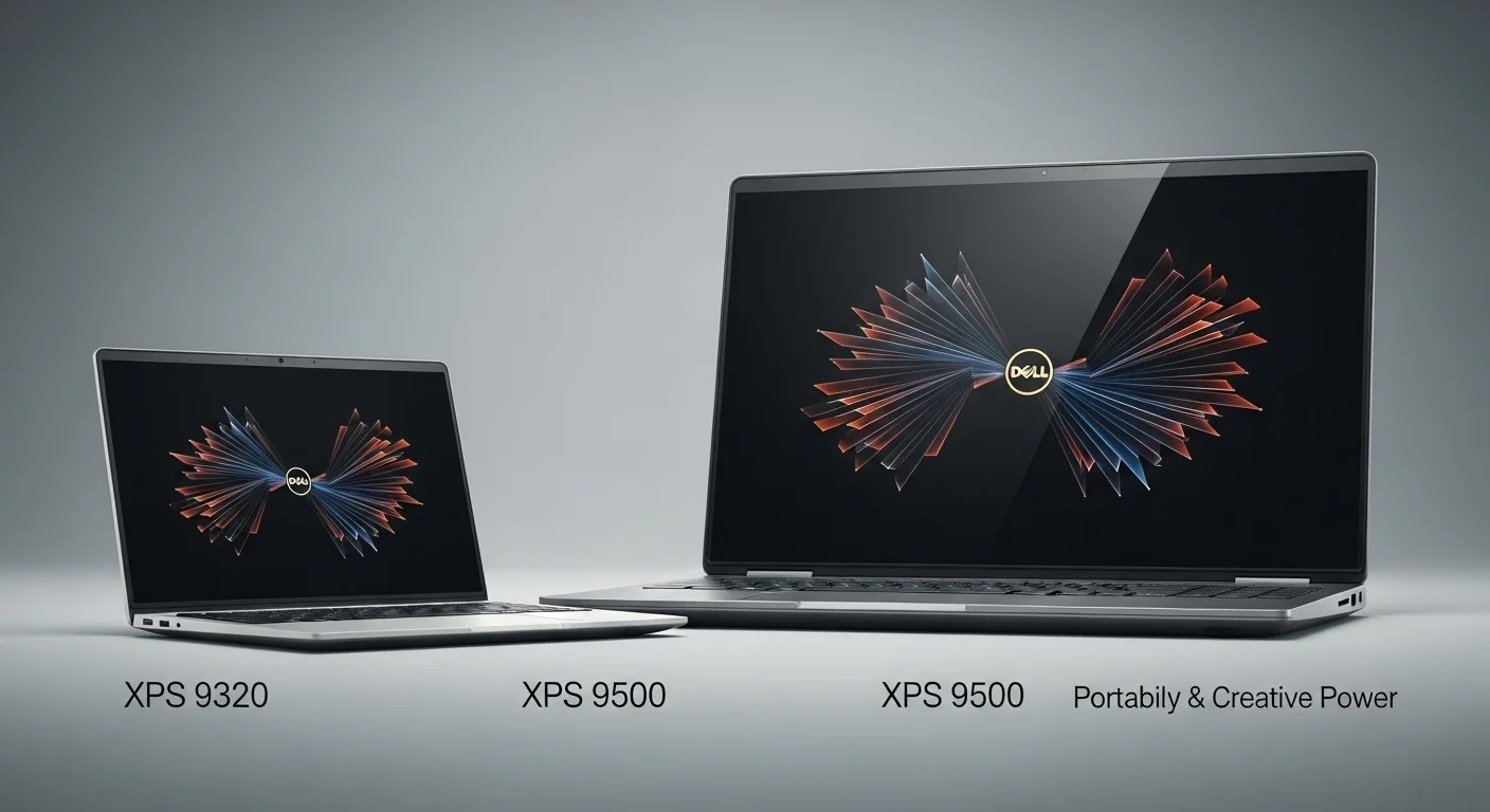 Comparativa de diseño entre las computadoras Dell XPS 9320 y XPS 9500, destacando la diferencia de tamaño y el enfoque en la portabilidad y la potencia creativa.