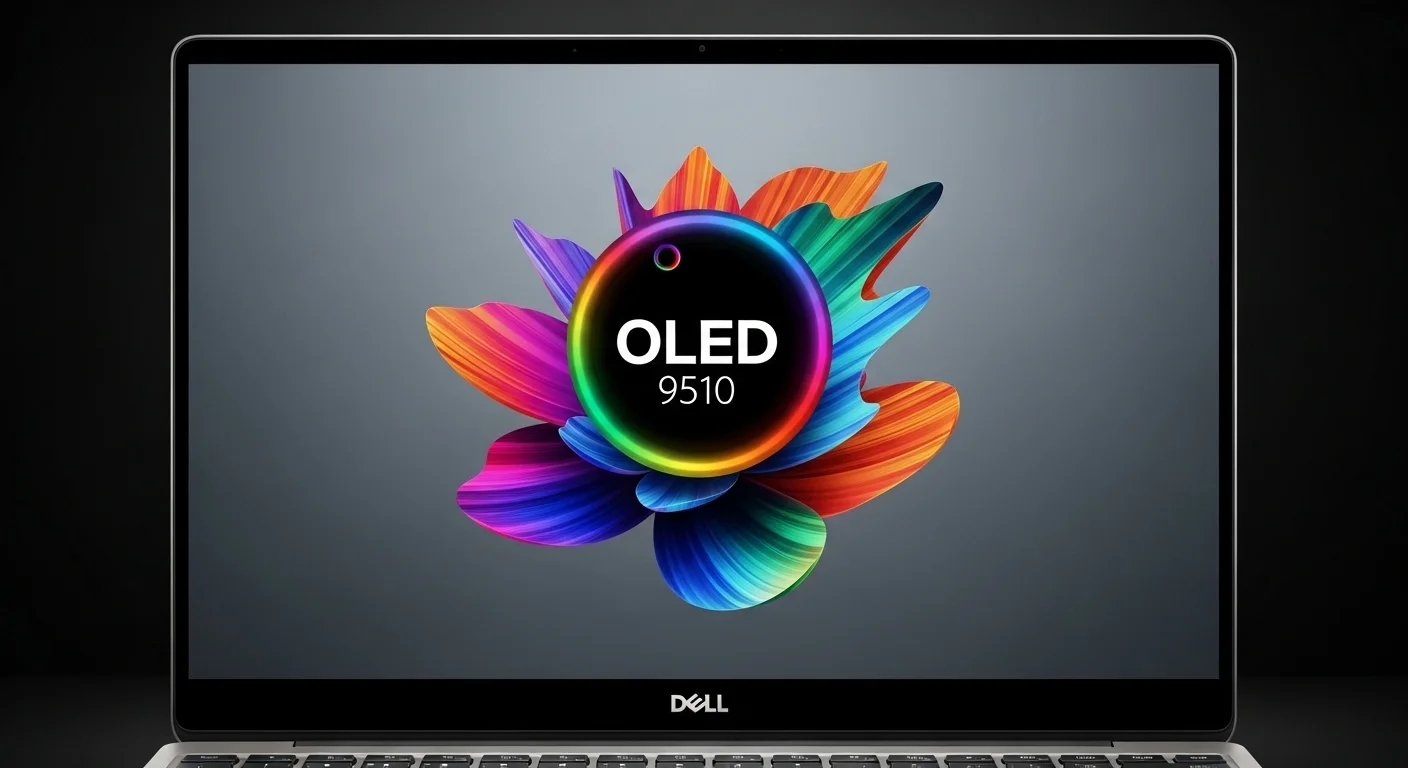 Primer plano de la pantalla OLED de una computadora Dell XPS 9510 mostrando colores vibrantes para creación de contenido
