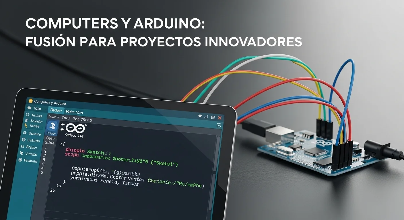 Primer plano del software Arduino IDE en una pantalla de computadora, con una placa Arduino Nano y cables de colores en el fondo, simbolizando el desarrollo de proyectos.
