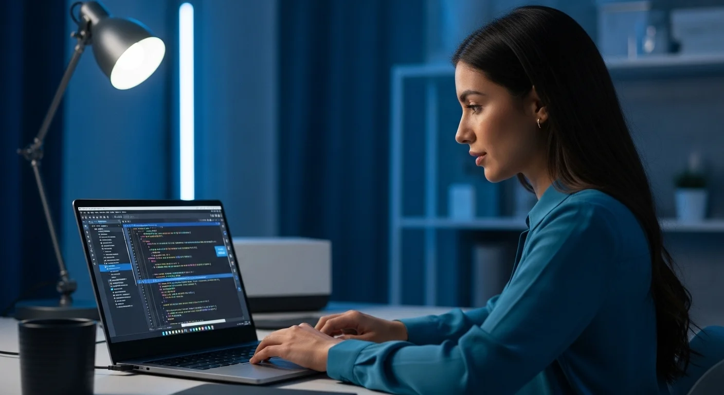 Una desarrolladora trabajando en una laptop moderna, con el entorno de desarrollo de Matlab abierto para escribir y depurar código.