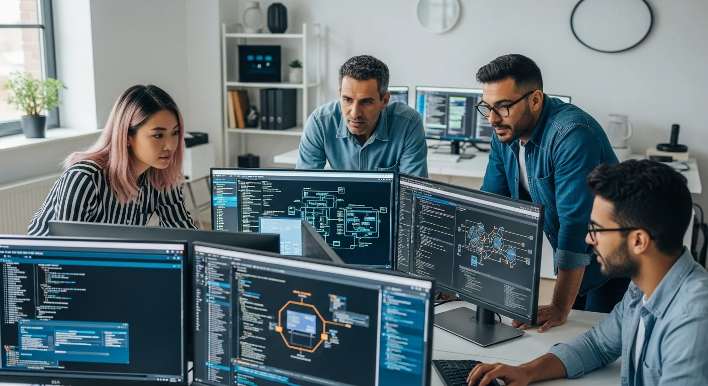 Un equipo de desarrolladores colaborando frente a múltiples pantallas con código y diagramas, representando el desarrollo de software moderno y la ingeniería de software.