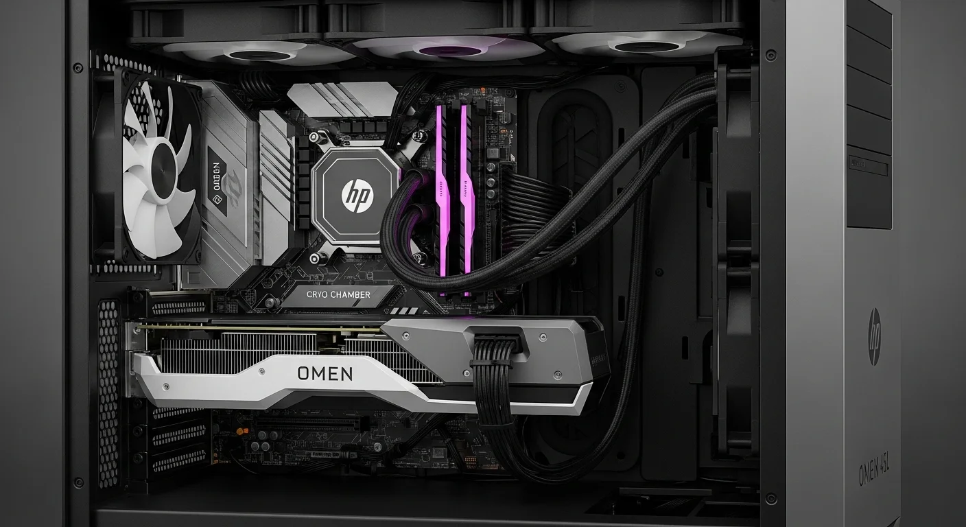 Vista detallada del interior de la computadora de escritorio HP Omen 45L, destacando su sistema de enfriamiento Cryo Chamber y la tarjeta gráfica.