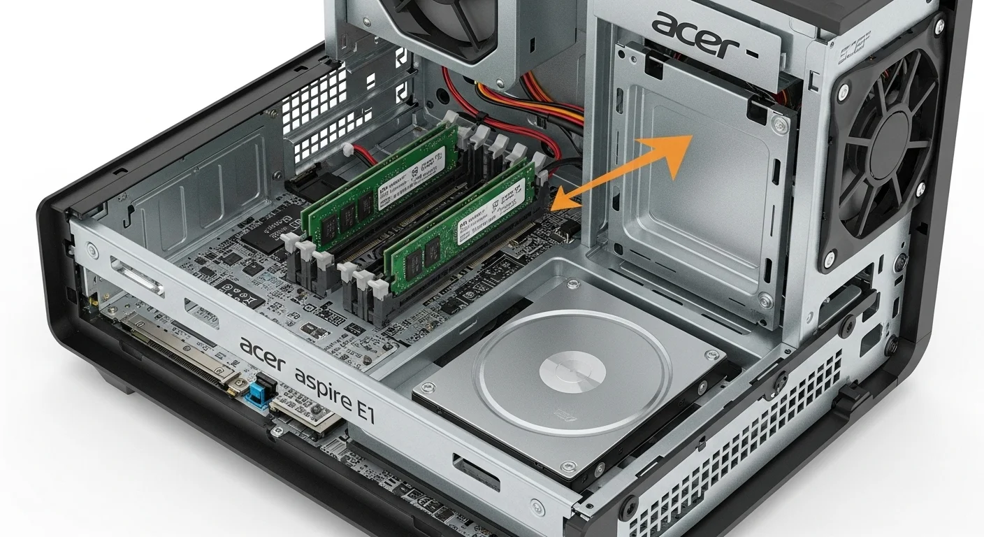 Interior de una computadora Acer Aspire E1 mostrando los componentes internos como la RAM y el espacio para el disco duro, destacando su facilidad de actualización.