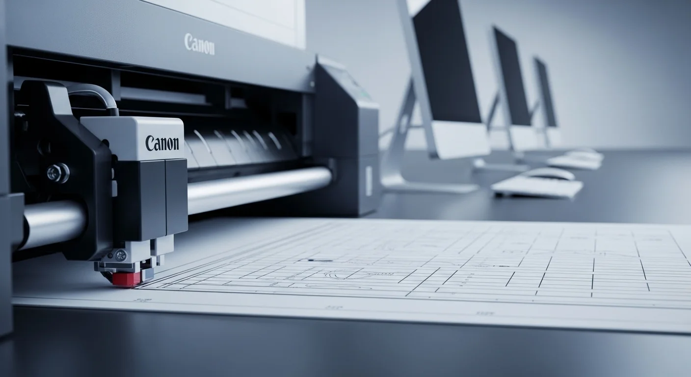 Primer plano del cabezal de una impresora plotter Canon depositando tinta en papel técnico, con computadoras en el fondo.