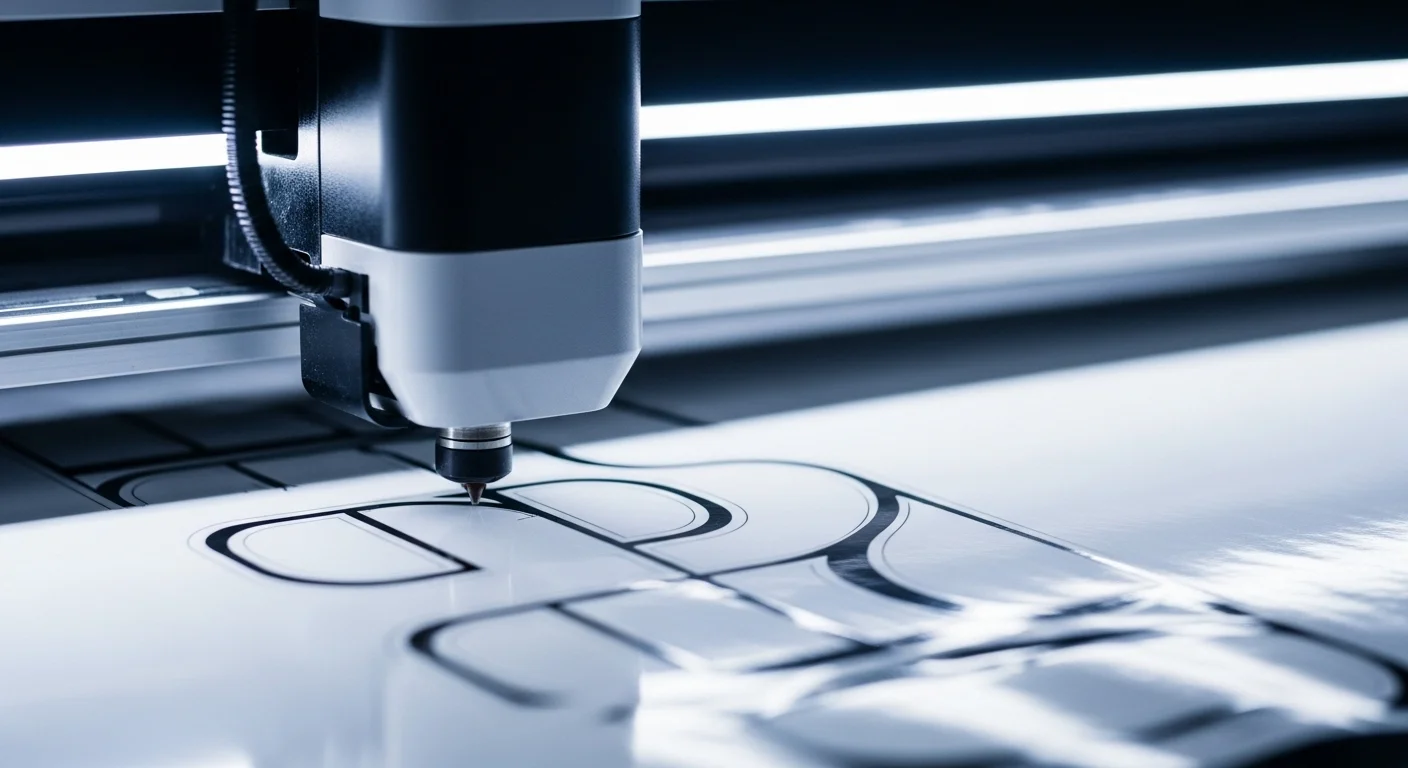 Primer plano del cabezal de un plotter de impresion y corte trabajando sobre un vinilo adhesivo, mostrando la precisión de la tecnología.