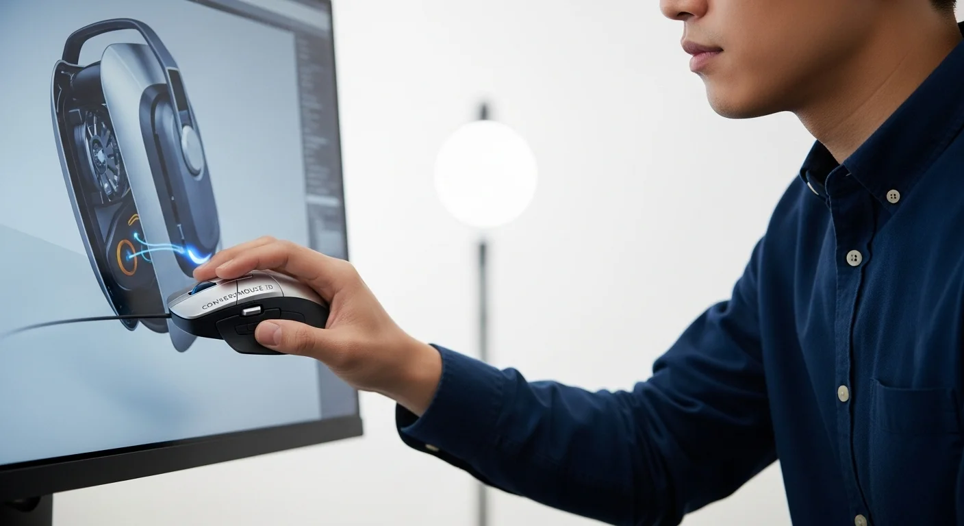 Primer plano de la mano de un diseñador utilizando un mouse 3D Connexion Space Mouse para manipular un objeto en la pantalla.