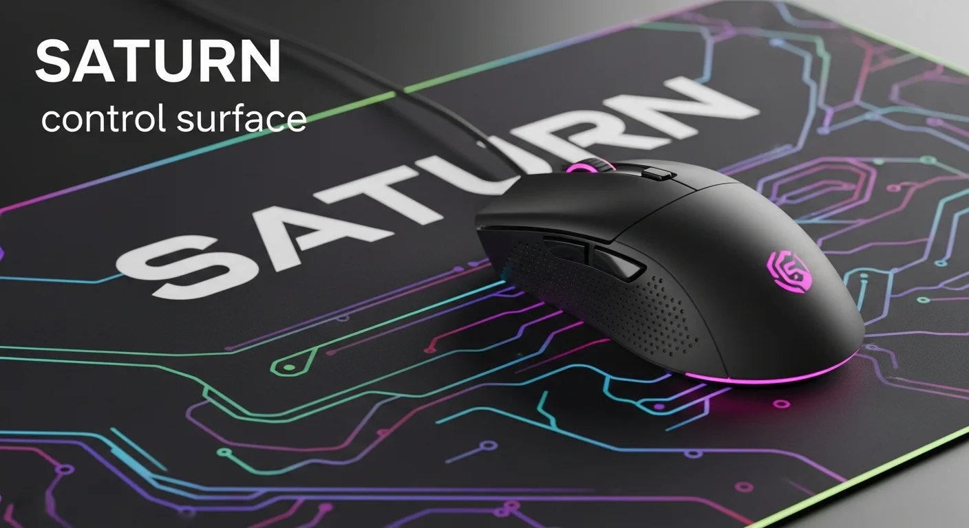 Una imagen en primer plano mostrando la textura de control de un mousepad Saturn, con un ratón de gaming encima.