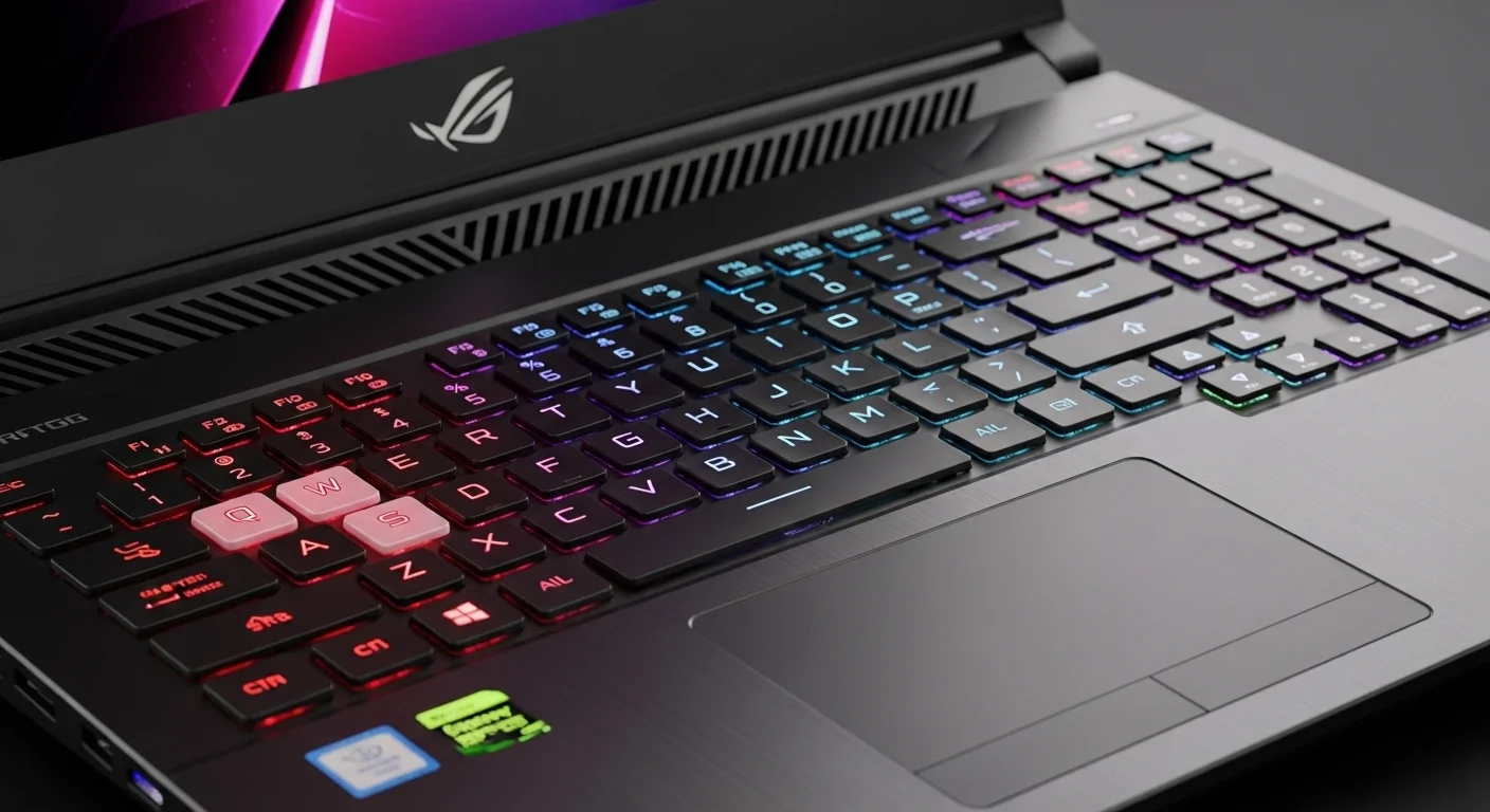 Primer plano del teclado retroiluminado RGB y el chasis de una notebook ROG Strix Scar 17 SE, destacando su diseño premium.