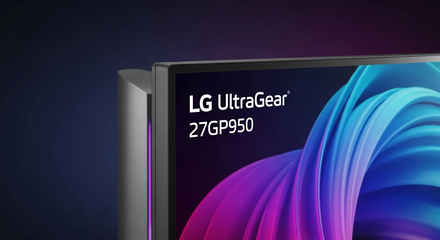 Primer plano del panel Nano IPS del monitor LG UltraGear 27GP950, destacando la calidad de color superior y el diseño sin bordes del dispositivo.