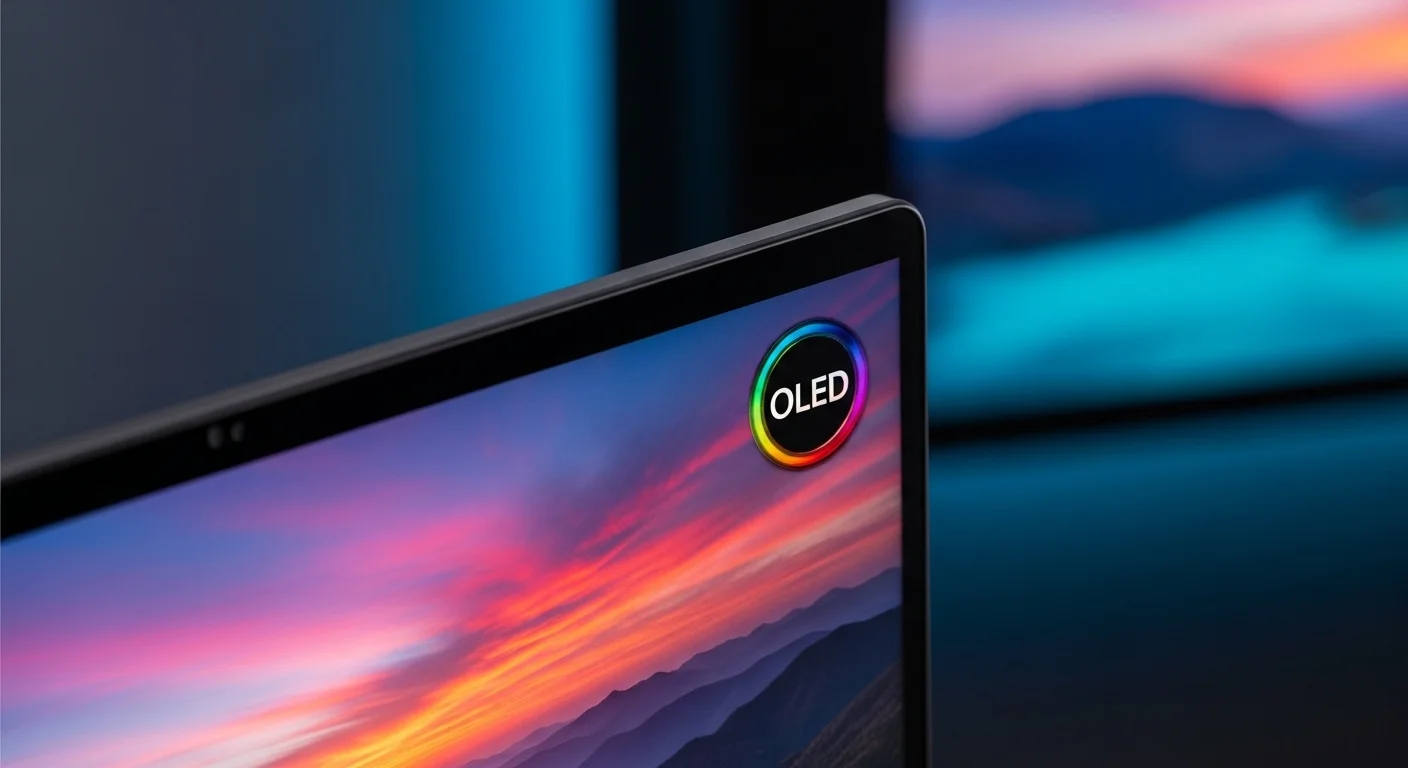 Un primer plano de la esquina de una pantalla de computadora Asus Oled, destacando la increíble calidad de color y el contraste profundo en una imagen de la naturaleza.