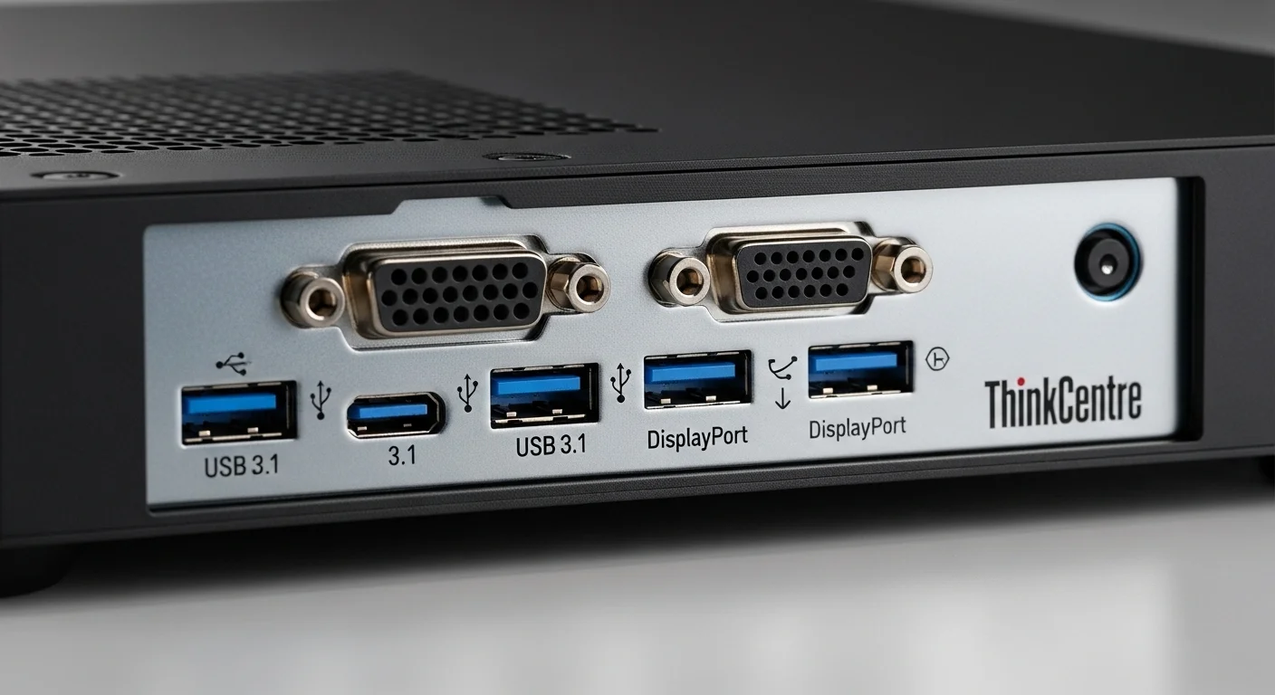 Vista detallada de los puertos de conectividad de una computadora Thinkcentre M920z, incluyendo USB 3.1 y DisplayPort.