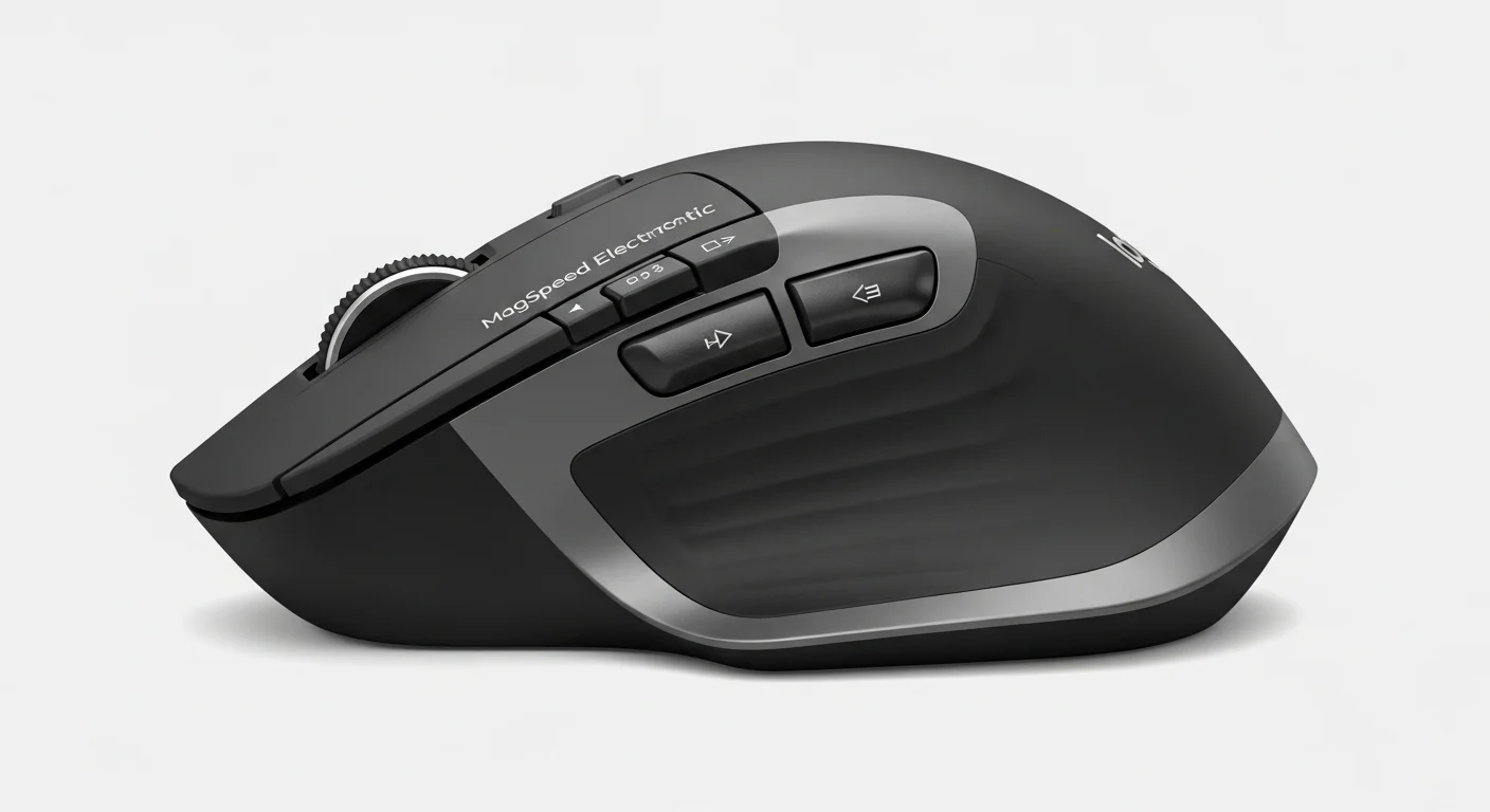 Primer plano de la rueda de scroll electromagnética MagSpeed y los botones laterales del mouse Logitech MX Master 3, destacando su diseño y funcionalidad.