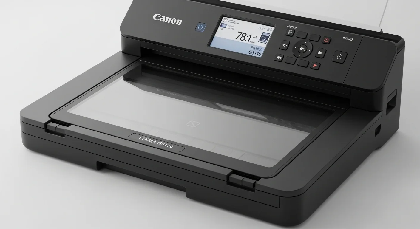 Primer plano del scanner de cama plana de una impresora Canon PIXMA G3110, mostrando el panel de vidrio.