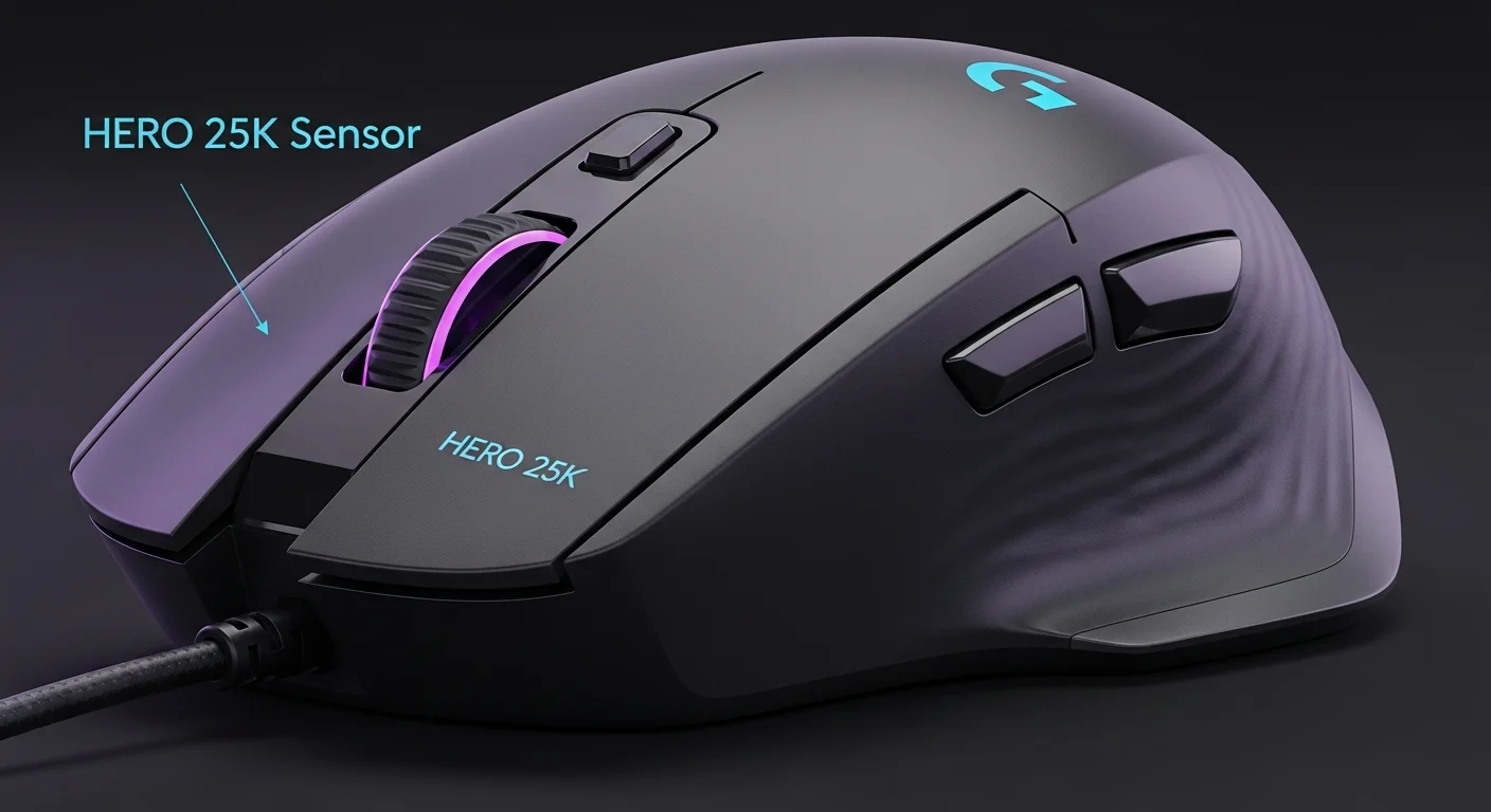 Vista detallada del sensor HERO 25K y los botones personalizables del mouse Logitech G903 para computadoras.