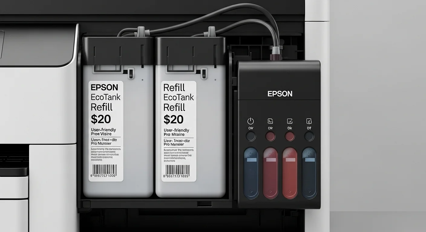 Primer plano de los tanques de tinta de una impresora multifuncional Epson EcoTank, destacando el sistema de recarga fácil y de bajo costo.