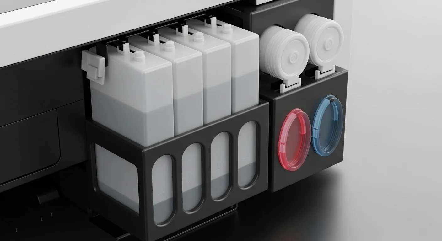 Primer plano de los tanques de tinta recargables de una impresora de sistema continuo, destacando la facilidad de uso y el ahorro en consumibles.