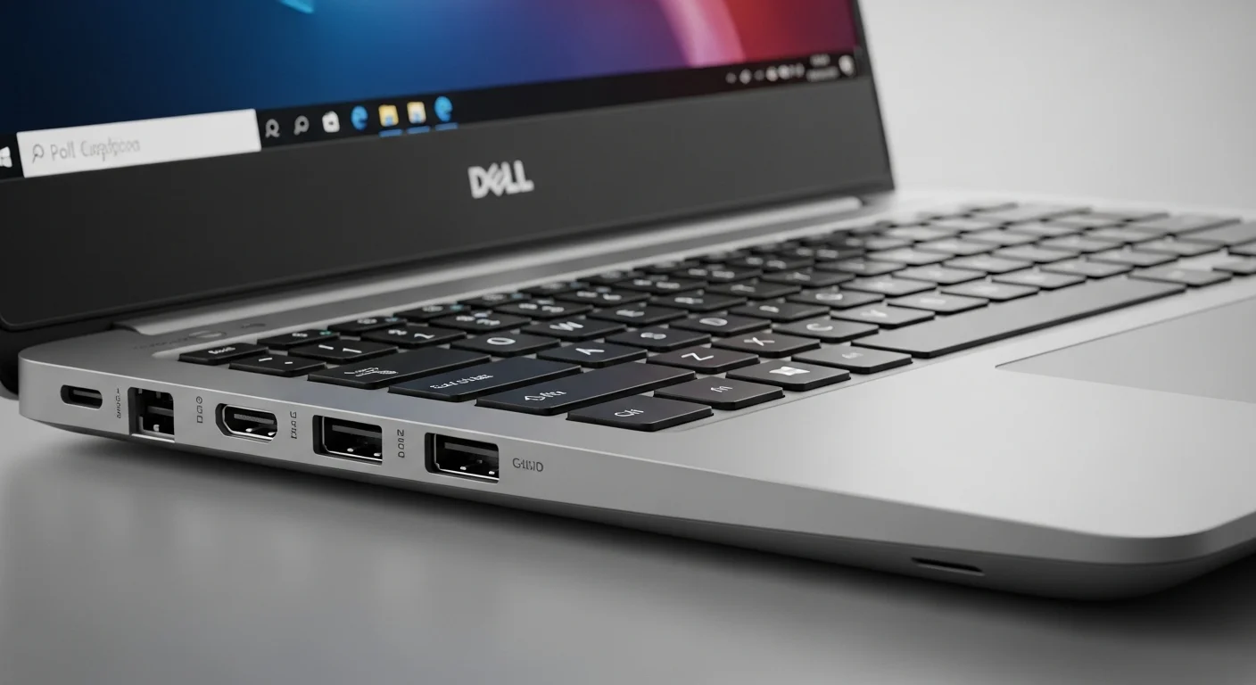 Primer plano del teclado retroiluminado y los puertos de conectividad de una laptop Dell 3590.