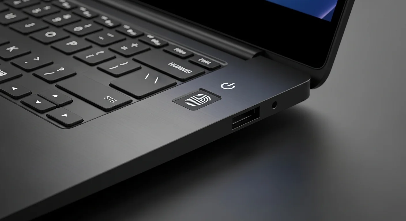 Primer plano del botón de encendido con sensor de huella dactilar de la computadora Huawei Matebook D15, destacando sus características de seguridad.
