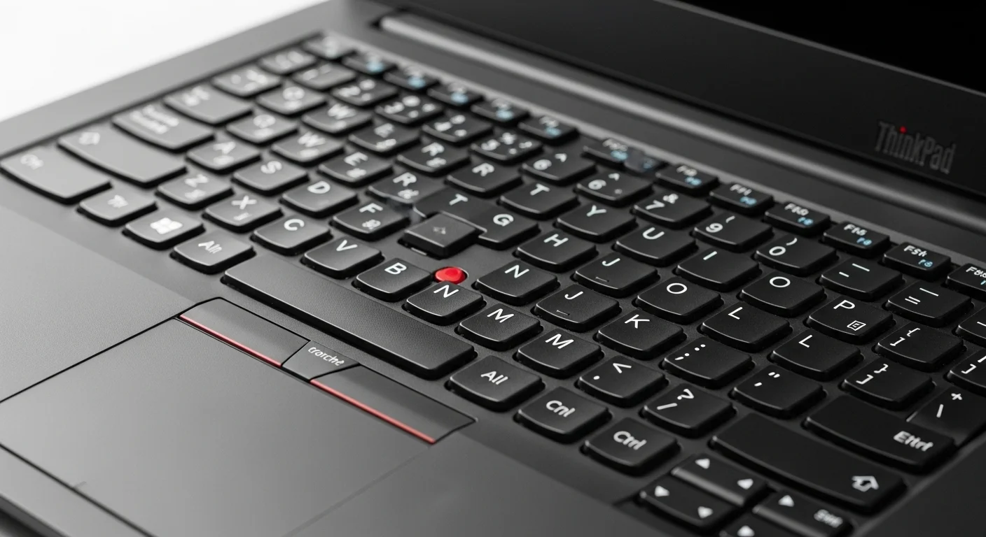Primer plano del icónico teclado de una laptop ThinkPad Core i5, destacando el TrackPoint rojo.