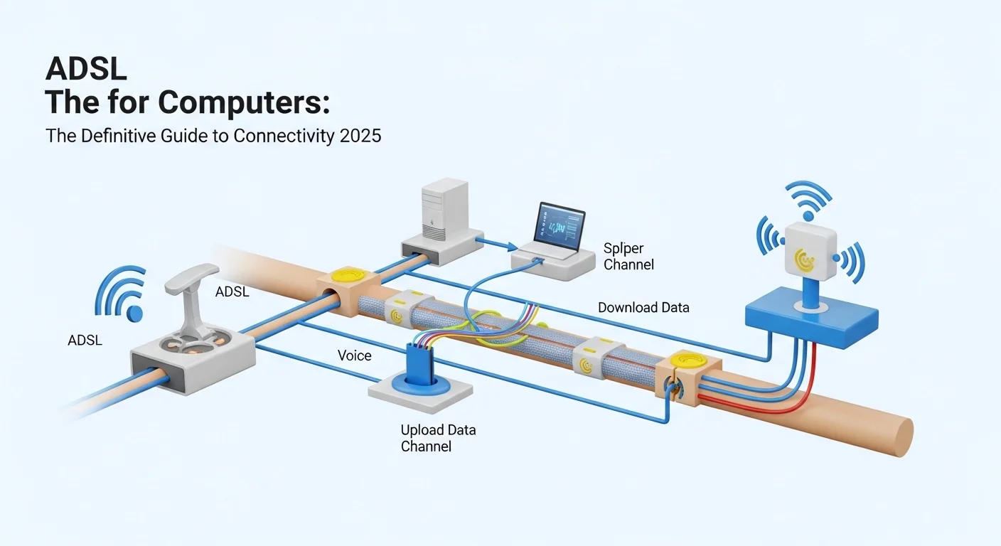 Diagrama técnico que muestra cómo la tecnología ADSL divide una línea telefónica de cobre en canales de voz, datos de subida y datos de bajada para computadoras.