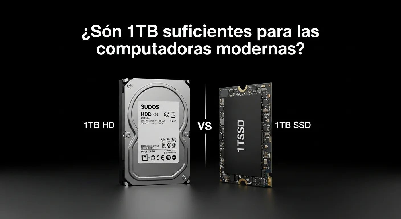 Una imagen comparativa que muestra un disco duro HDD de 1TB al lado de una unidad de estado sólido SSD de 1TB, destacando las diferencias de tecnología.