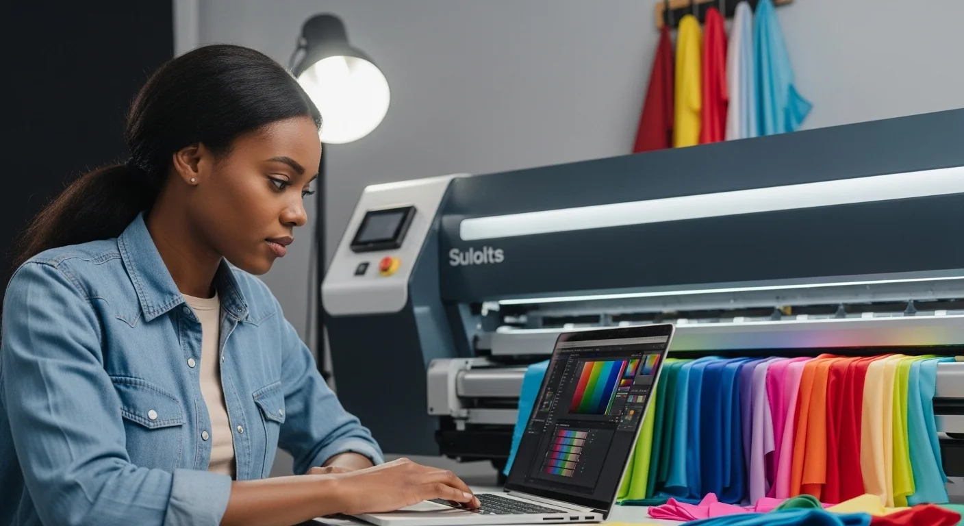 Primer plano de un diseñador gráfico ajustando colores en una laptop calibrada, con una impresora para sublimar textil y muestras de tela de colores en el fondo.