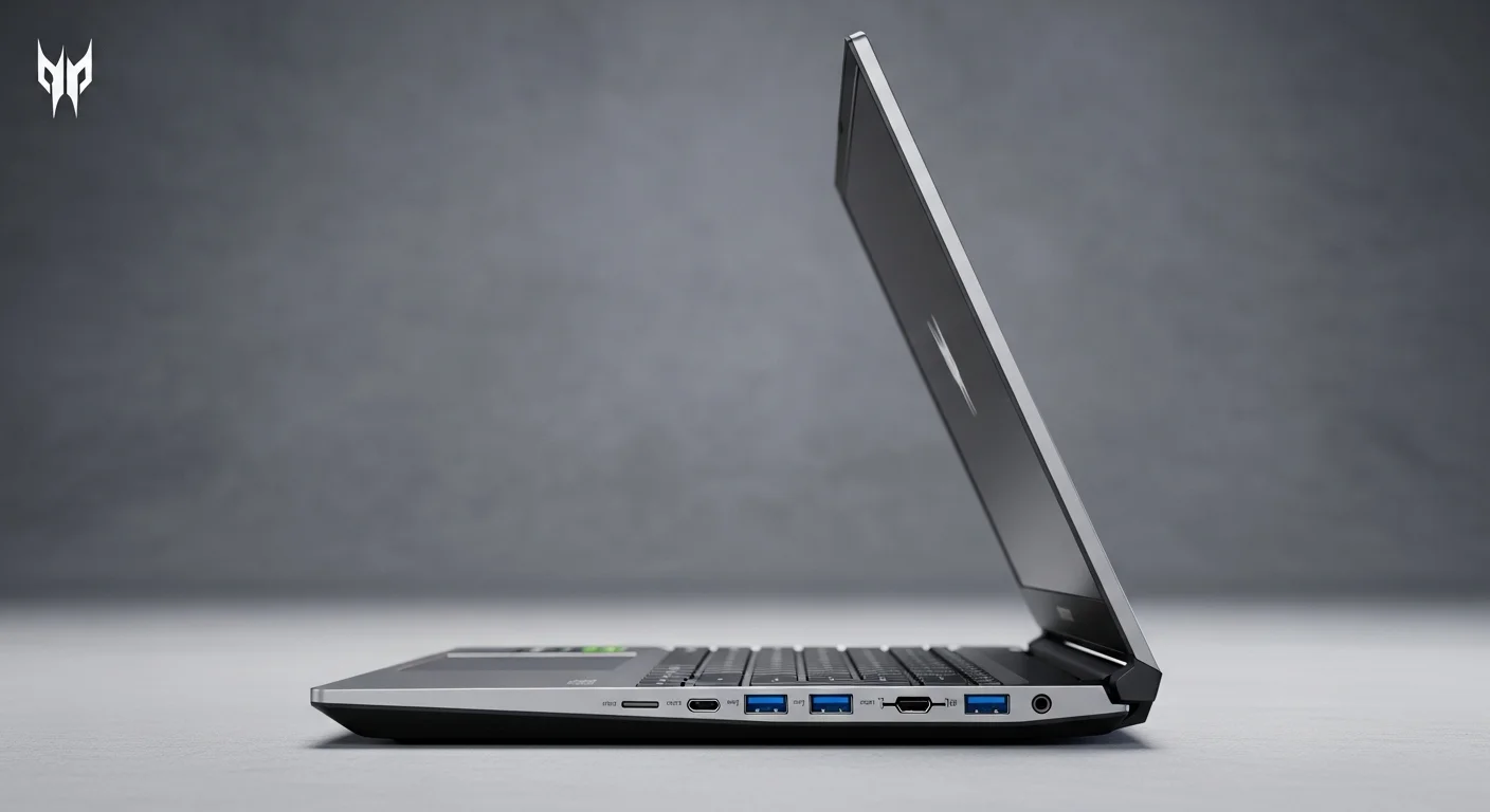 Vista de perfil de una computadora laptop Acer Predator Triton 300 SE, destacando su chasis de metal delgado y sus puertos de conectividad, simbolizando la fusión de portabilidad y potencia.