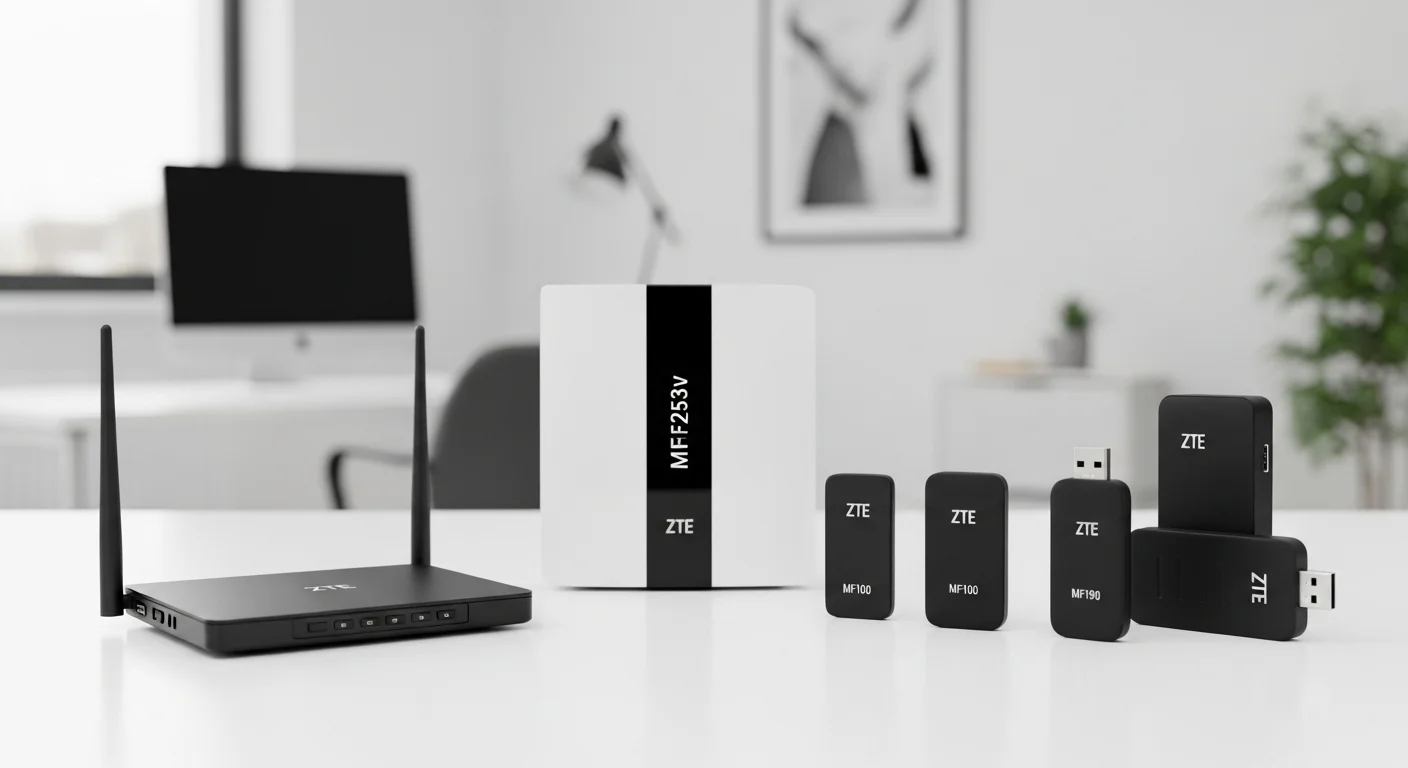 Colección de dispositivos de conectividad ZTE, incluyendo el router zte mf253v y módems USB como el zte mf100 y zte mf190, sobre un escritorio.