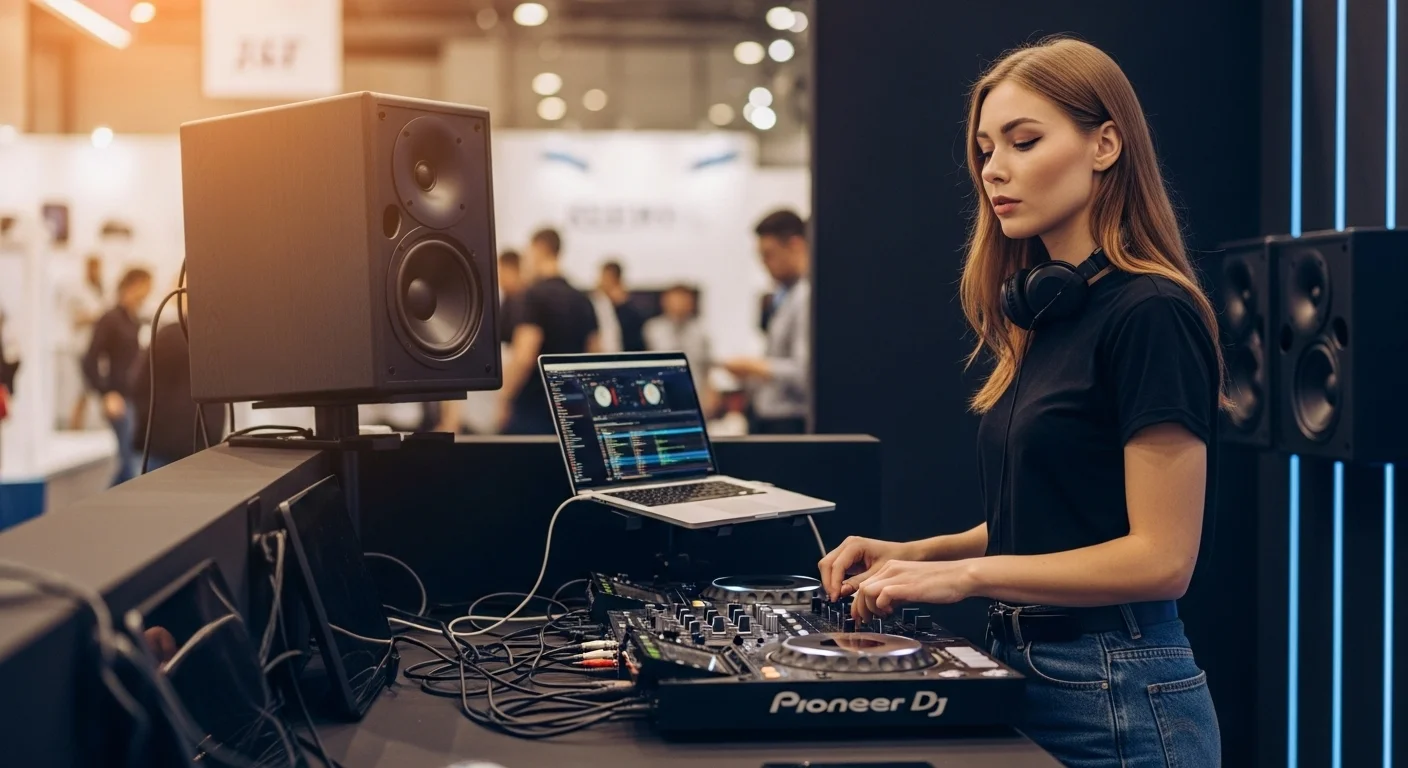 DJ profesional mezclando música en un evento con un set de bocinas amplificadas profesionales y una laptop