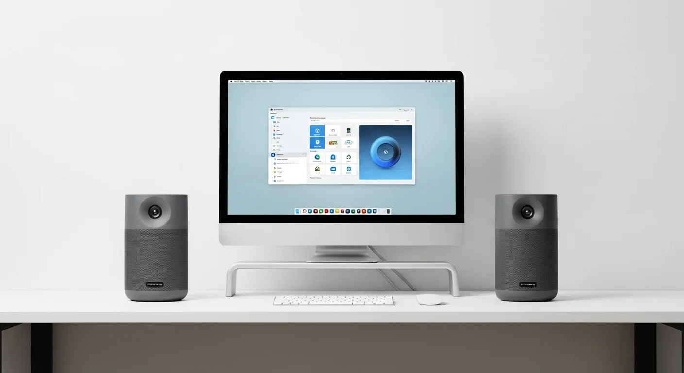 Dos bocinas Ultimate Ears Wonderboom 2 emparejadas en modo estéreo flanqueando un monitor de computadora, creando una configuración de audio inmersiva.