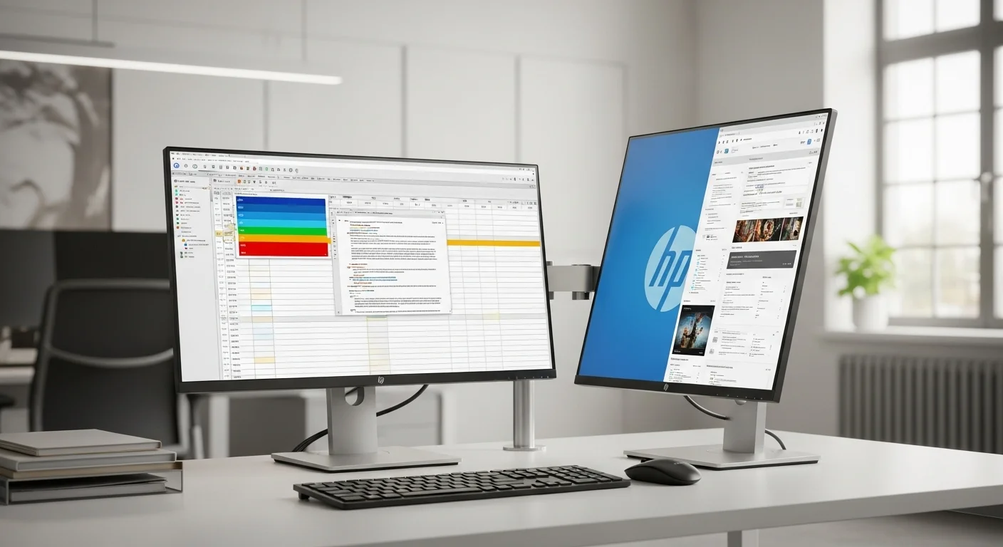 Configuración de productividad con dos monitores HP E243i, uno en horizontal y otro en vertical, ideal para computadoras de trabajo.