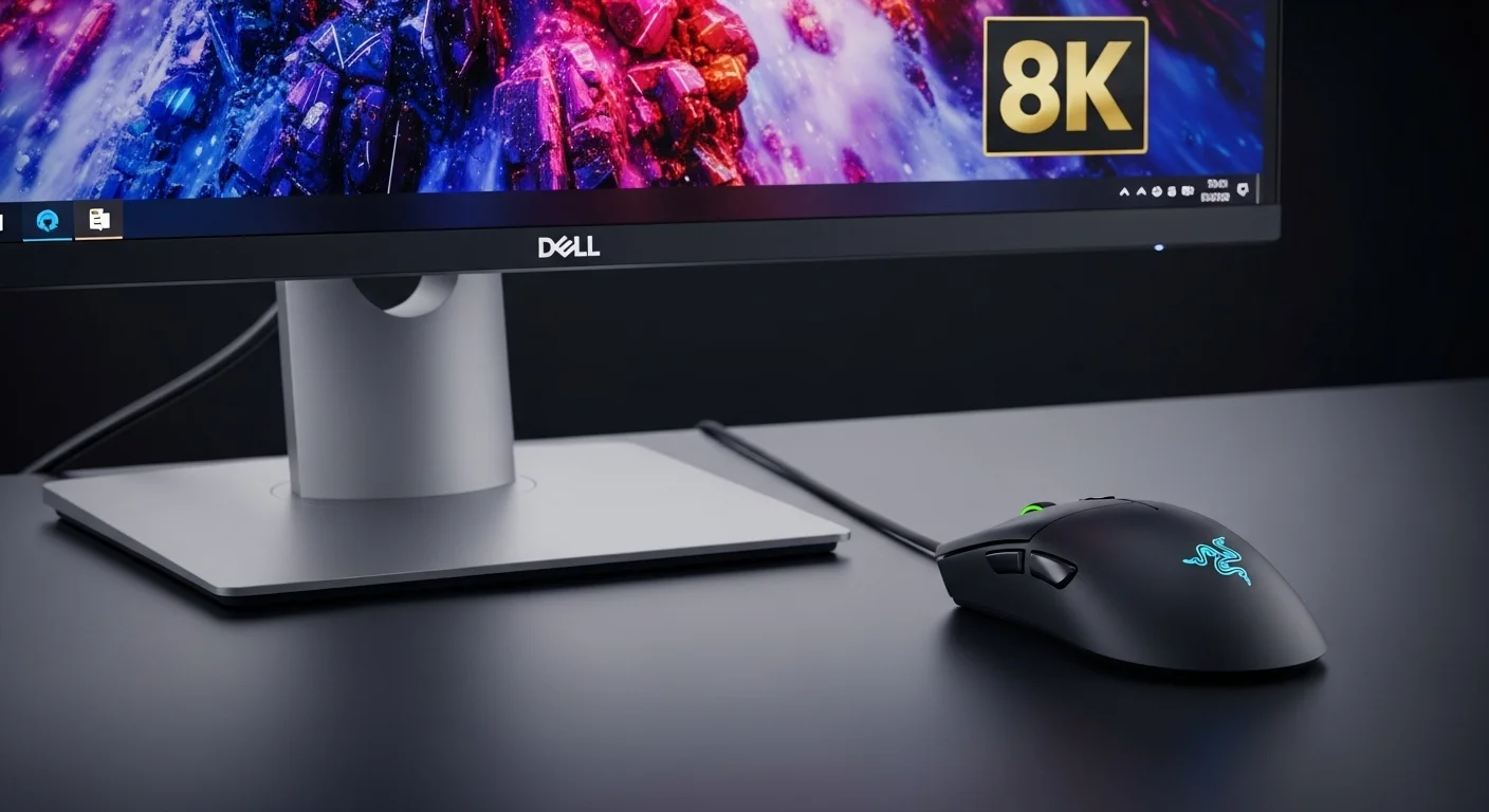 Primer plano de un monitor Dell 8K junto a un ratón Razer Viper 8K, simbolizando la unión de resolución y precisión.