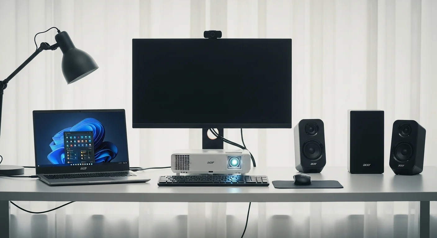 Un escritorio de oficina moderno con una computadora portátil Acer I7 conectada a un monitor, proyector y otras bocinas de la marca Acer, mostrando un ecosistema tecnológico integrado.