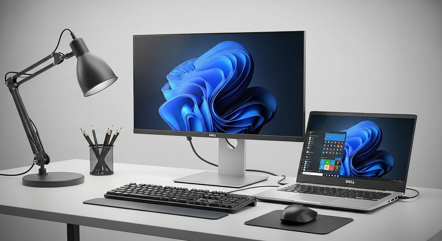 Escritorio de oficina con una computadora Dell 5490 conectada a un monitor externo, teclado y ratón, mostrando su versatilidad.