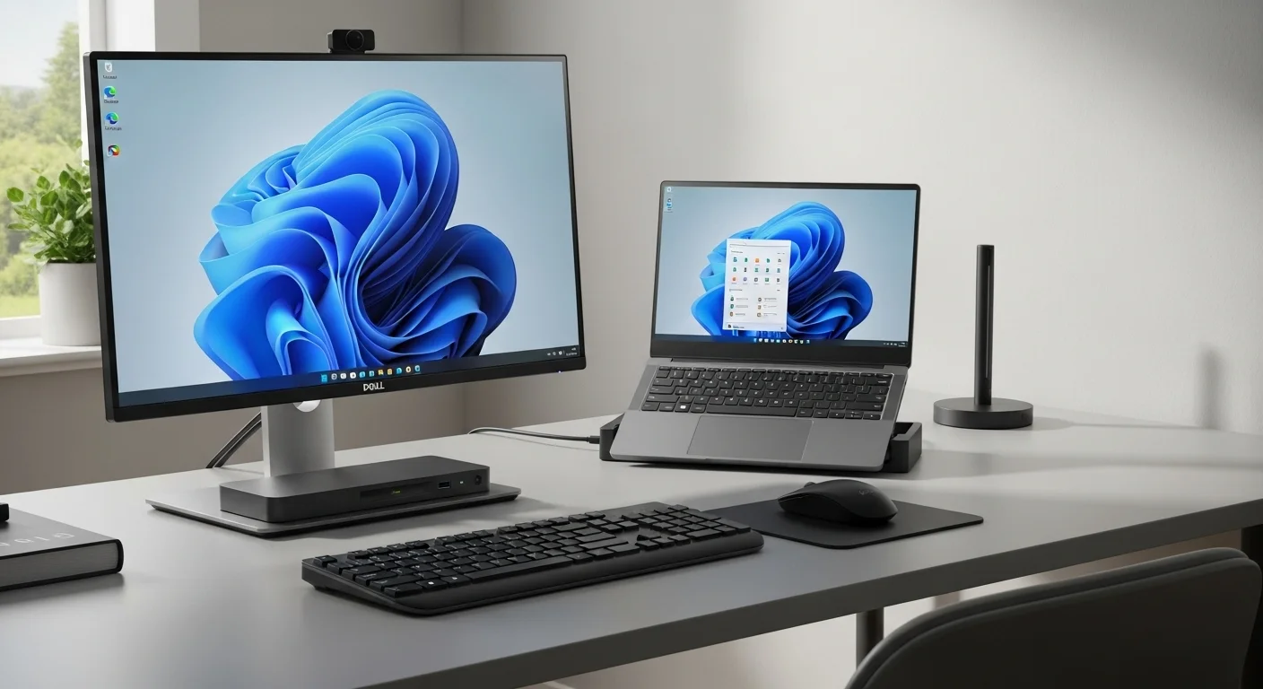 Un ecosistema de accesorios de tecnología y computadoras, incluyendo un monitor externo Dell, un teclado inalámbrico, un ratón y una docking station conectados a una laptop Dell.
