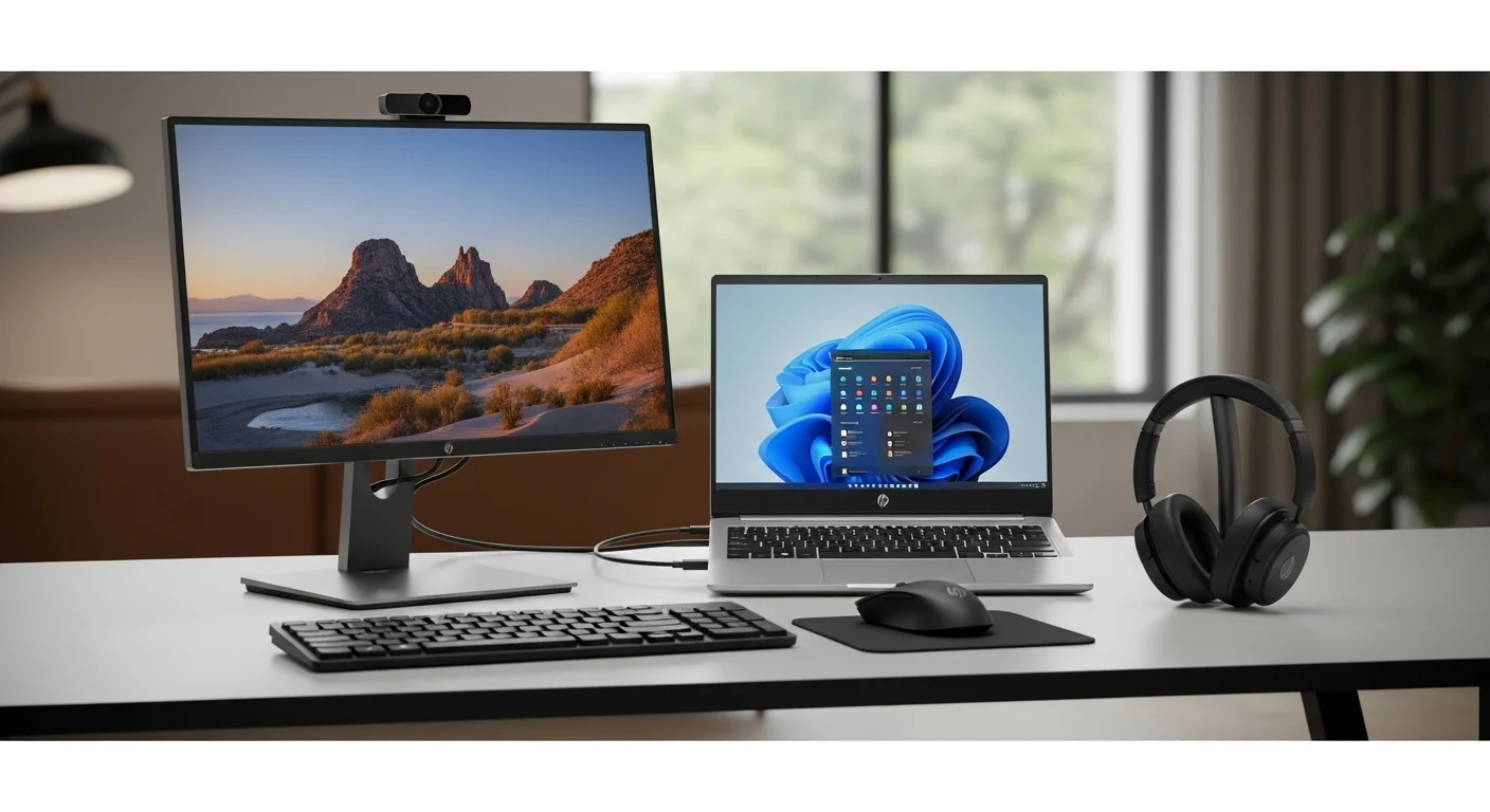 Un escritorio de trabajo completo con una laptop HP Core i5 conectada a un monitor externo HP, un teclado, un ratón y unos auriculares, demostrando un ecosistema de productividad.