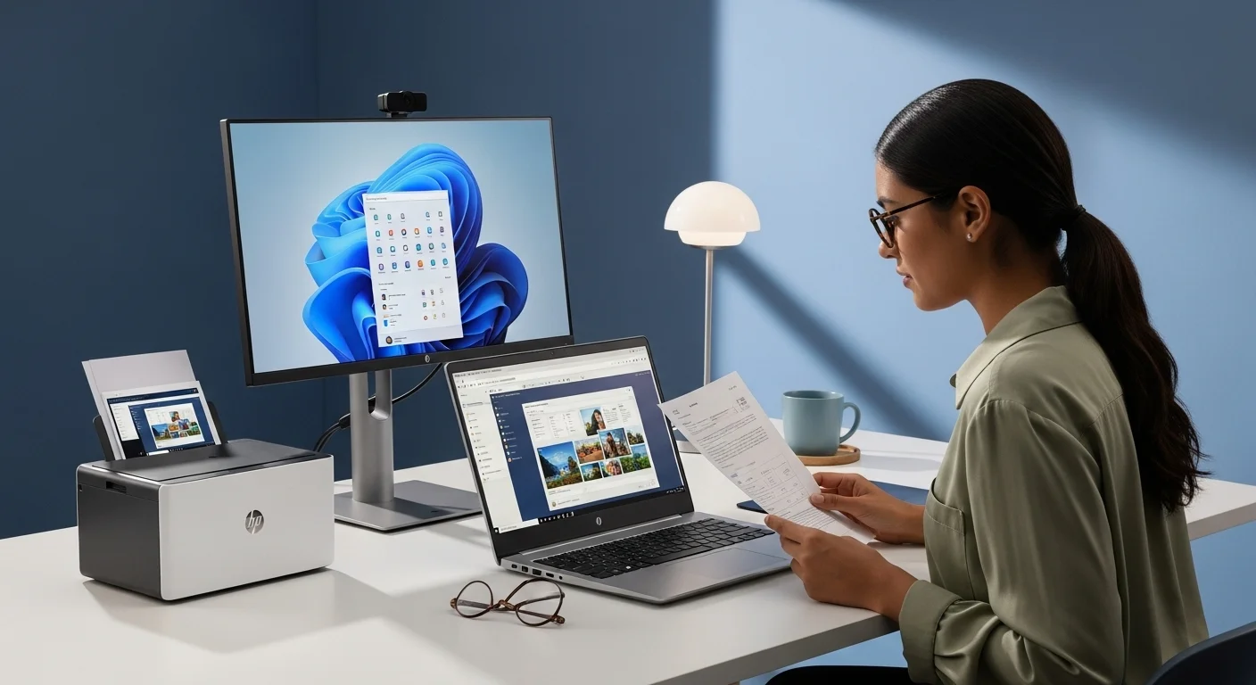 Un completo puesto de trabajo con un ordenador portátil HP, monitor externo, y una impresora portátil HP, demostrando la versatilidad de la marca.