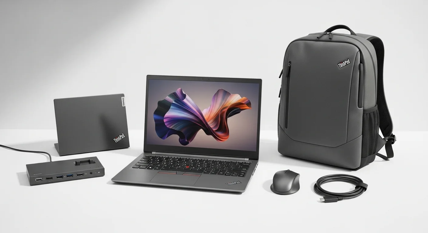 Varios accesorios para computadoras Lenovo, incluyendo una docking station, un ratón inalámbrico y una mochila ThinkPad.