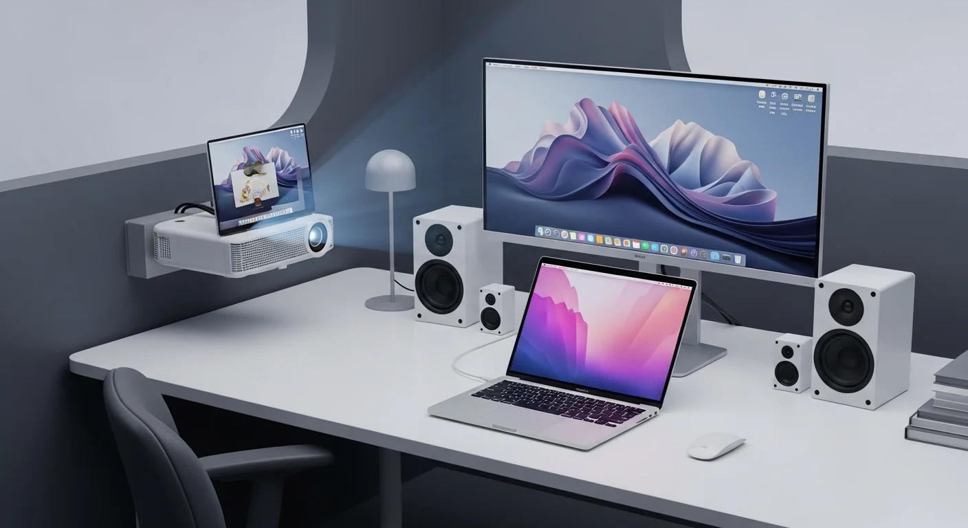 Un escritorio de oficina moderno con un Macbook 13 conectado a un monitor externo, un proyector y varias bocinas, demostrando su conectividad.