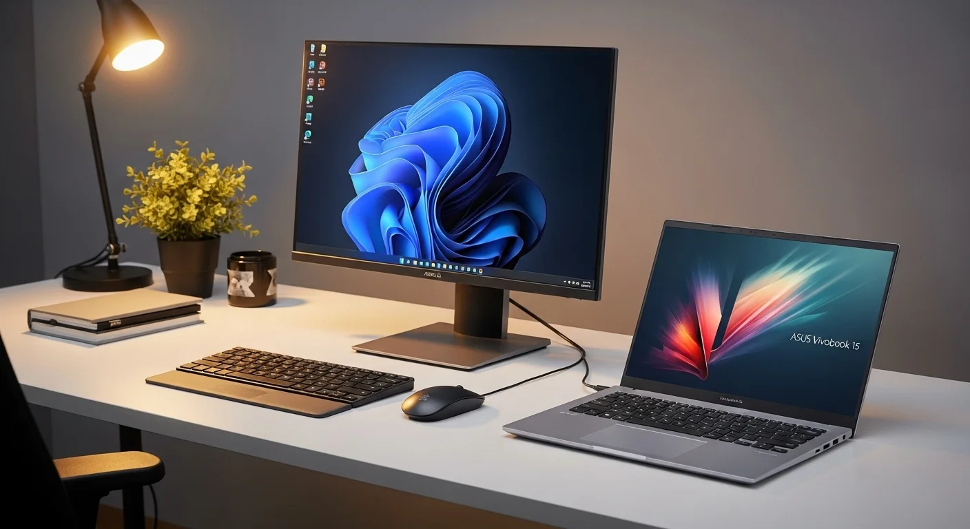 Un escritorio de oficina con una laptop ASUS Vivobook 15 conectada a un monitor externo, teclado y ratón, mostrando un entorno de trabajo productivo.