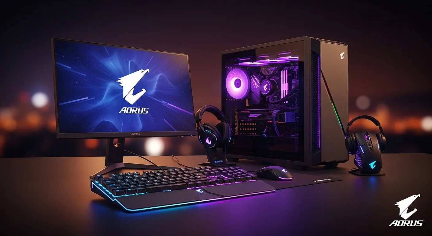 Un setup de gaming completo del ecosistema Aorus, con una computadora, monitor, teclado y ratón iluminados con RGB, destacando la sinergia de los productos.